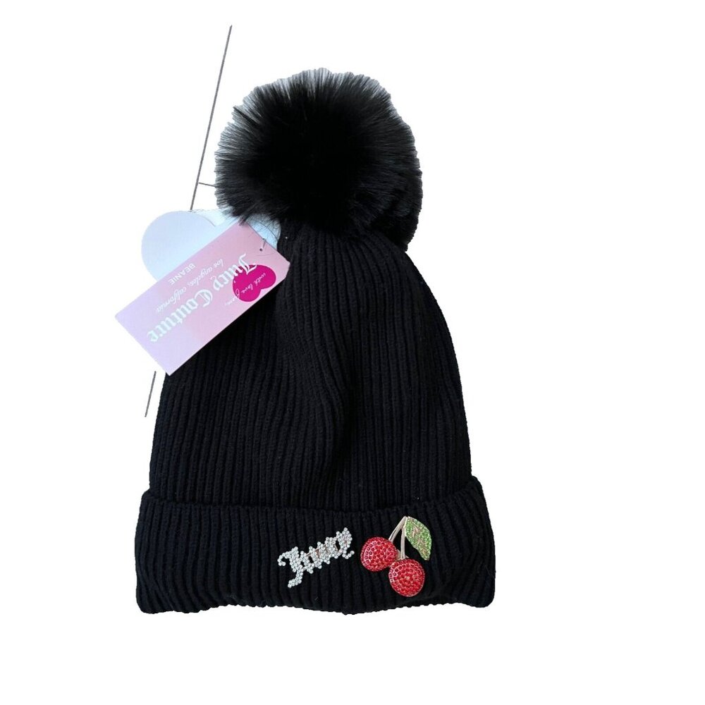 Juicy Couture Cherries Brooch Cuff Rib Pom Beanie Knit Hat Black